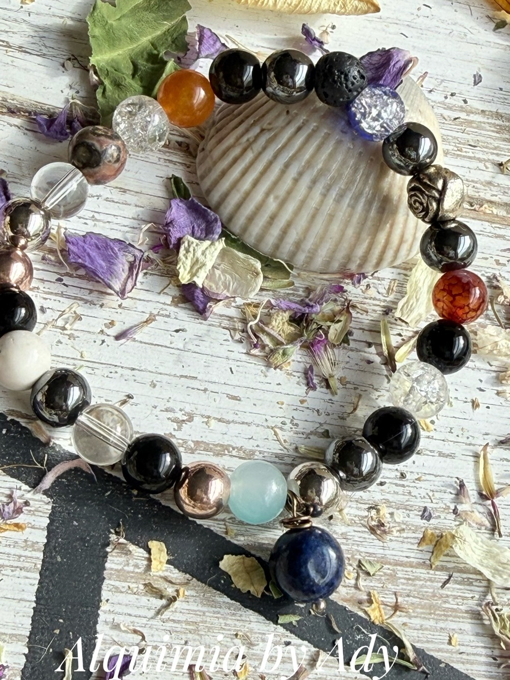 Lapis charm + Black Beaded Bracelet with Blue and Amber Accent Beads